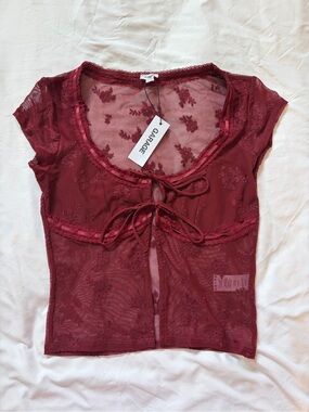 Garage Cabernet Floral Sheer Lace Top - Burgandy